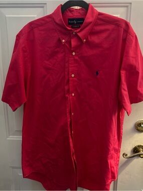 Ralph Lauren Mens L Classic Fit Short Sleeve Button Down Shirt H Pink Polo Pony